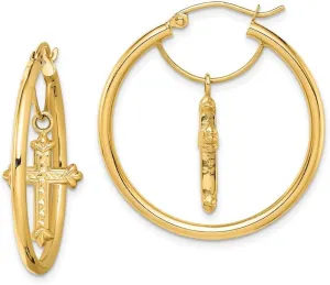 14k Solid Yellow Gold With Sparkle Cut Religious Faith Cross Dangle Hoop Earrings 31x29.85mm Wide-Hoop Earring for Women