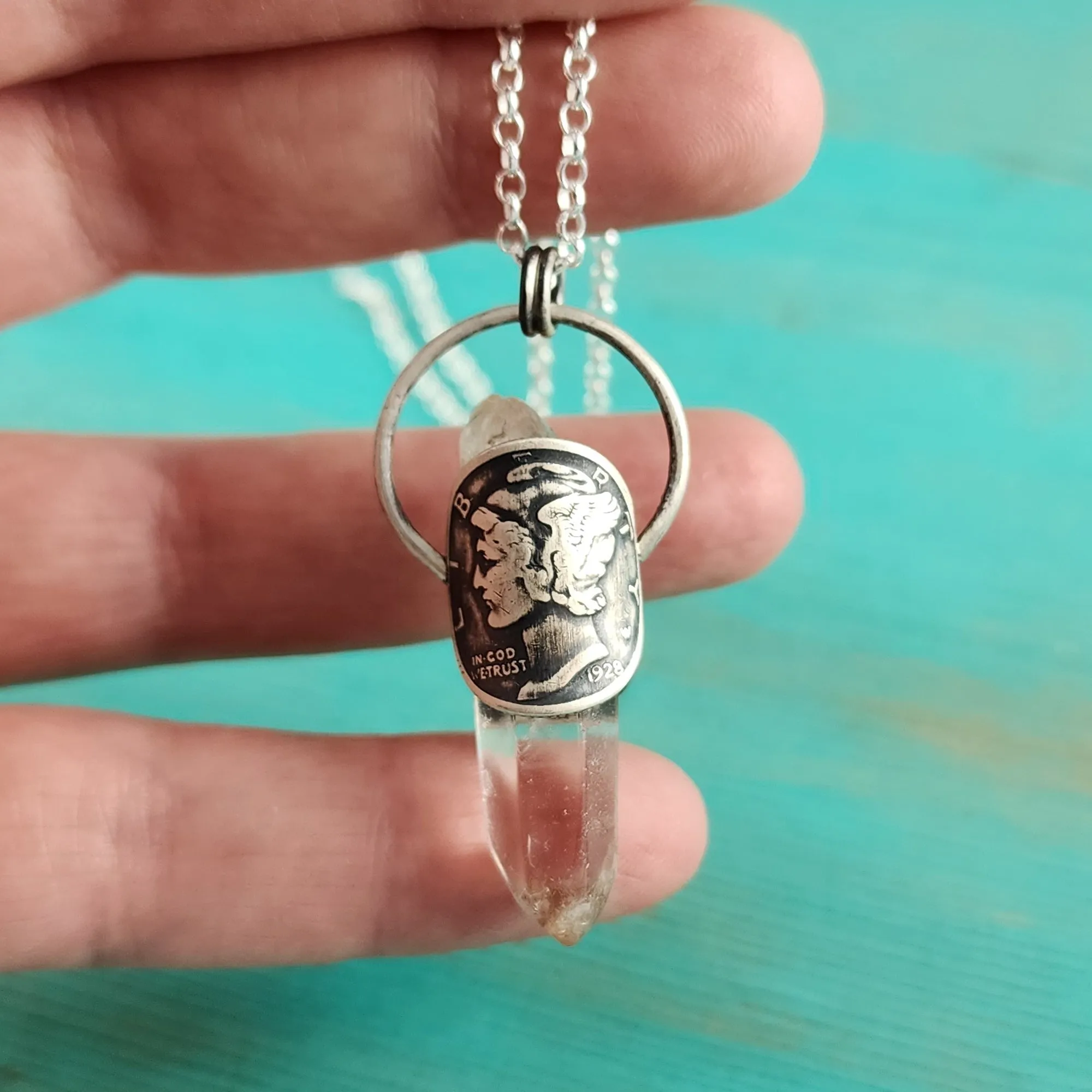 1928 Mercury Dime Raw Amphibole Quartz Point Pendant