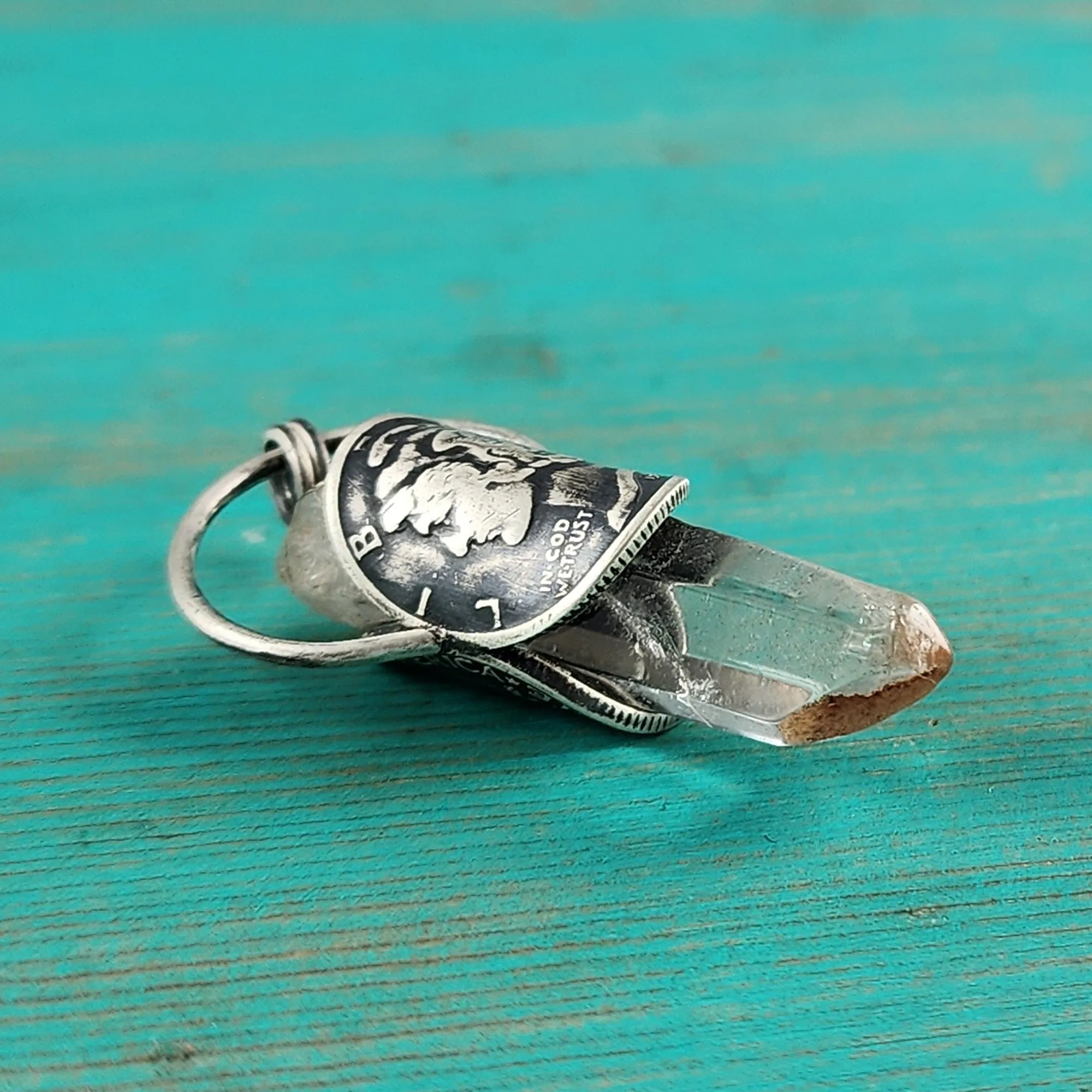 1928 Mercury Dime Raw Amphibole Quartz Point Pendant