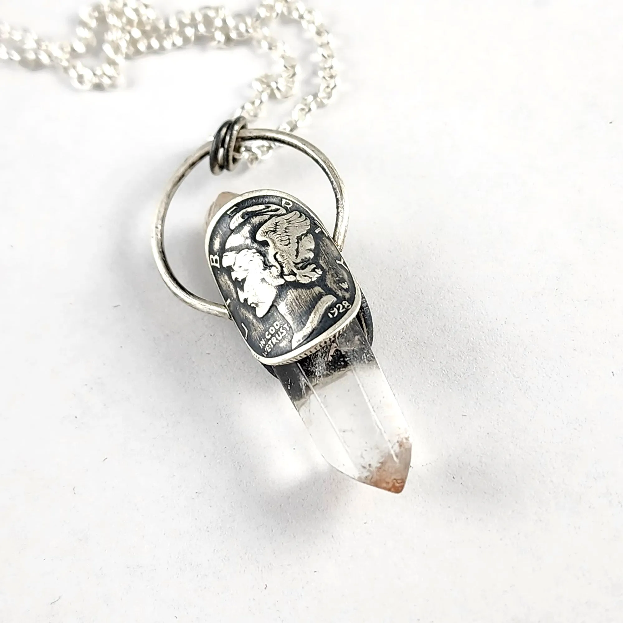 1928 Mercury Dime Raw Amphibole Quartz Point Pendant