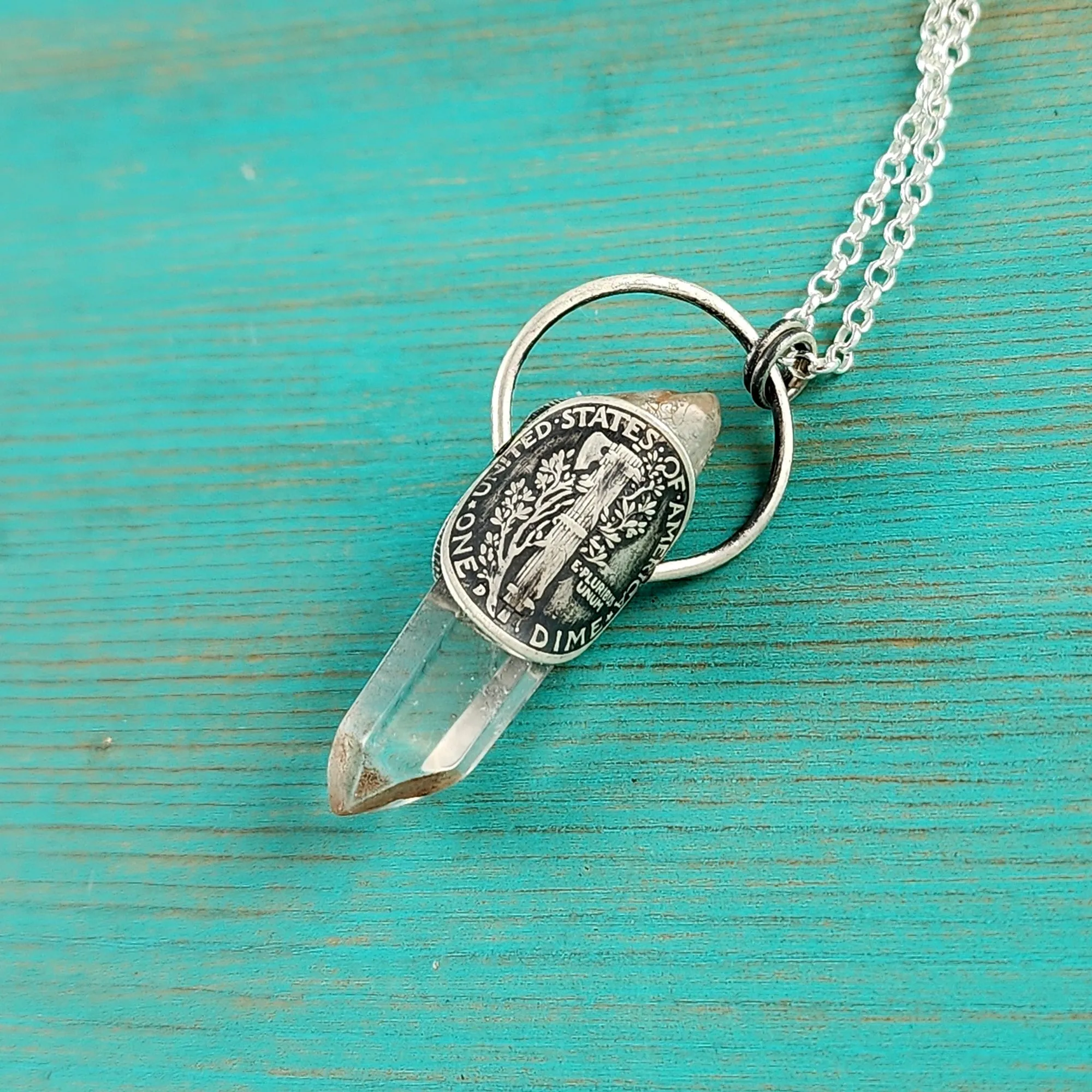 1928 Mercury Dime Raw Amphibole Quartz Point Pendant