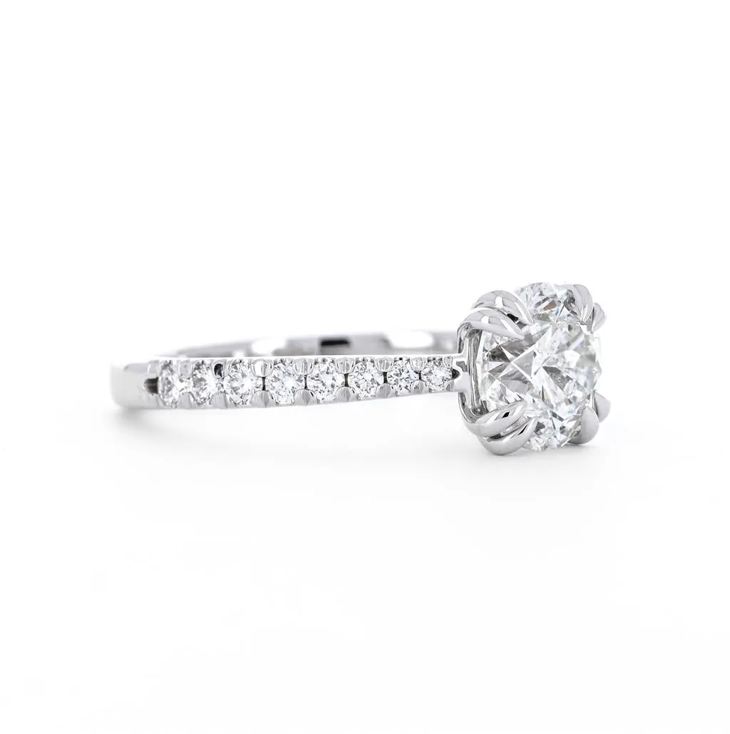 2.05ctw Round Solitaire Diamond Engagement Ring, Double Claw Prong, Pavê Band - 14K White Gold