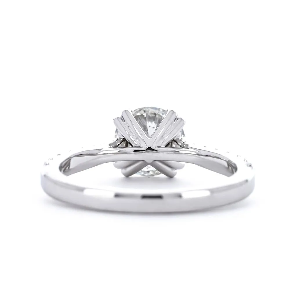 2.05ctw Round Solitaire Diamond Engagement Ring, Double Claw Prong, Pavê Band - 14K White Gold