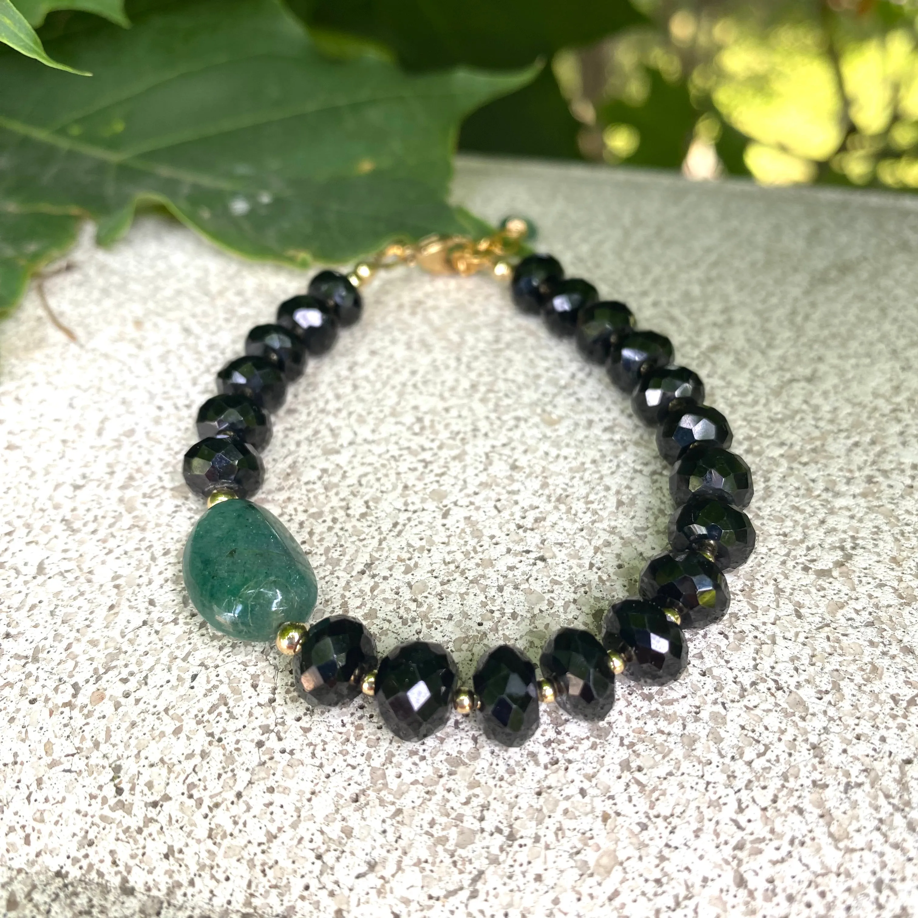 Black Spinel and Green Emerald Bracelet, 14K Gold Filled, May Birthstone Gifts, 7inch