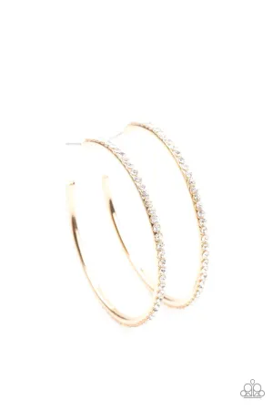 By Popular Vote Gold and White Rhinestone Hoop Earrings - Paparazzi Accessories