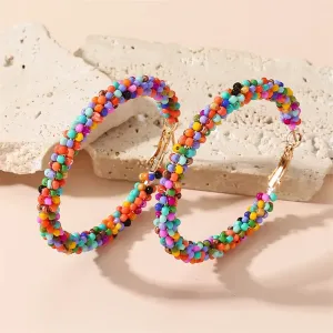 Colorful Beads Hoop Handmade Boho Vintage Gold Color Big Statement Gifts Bohemian Earring