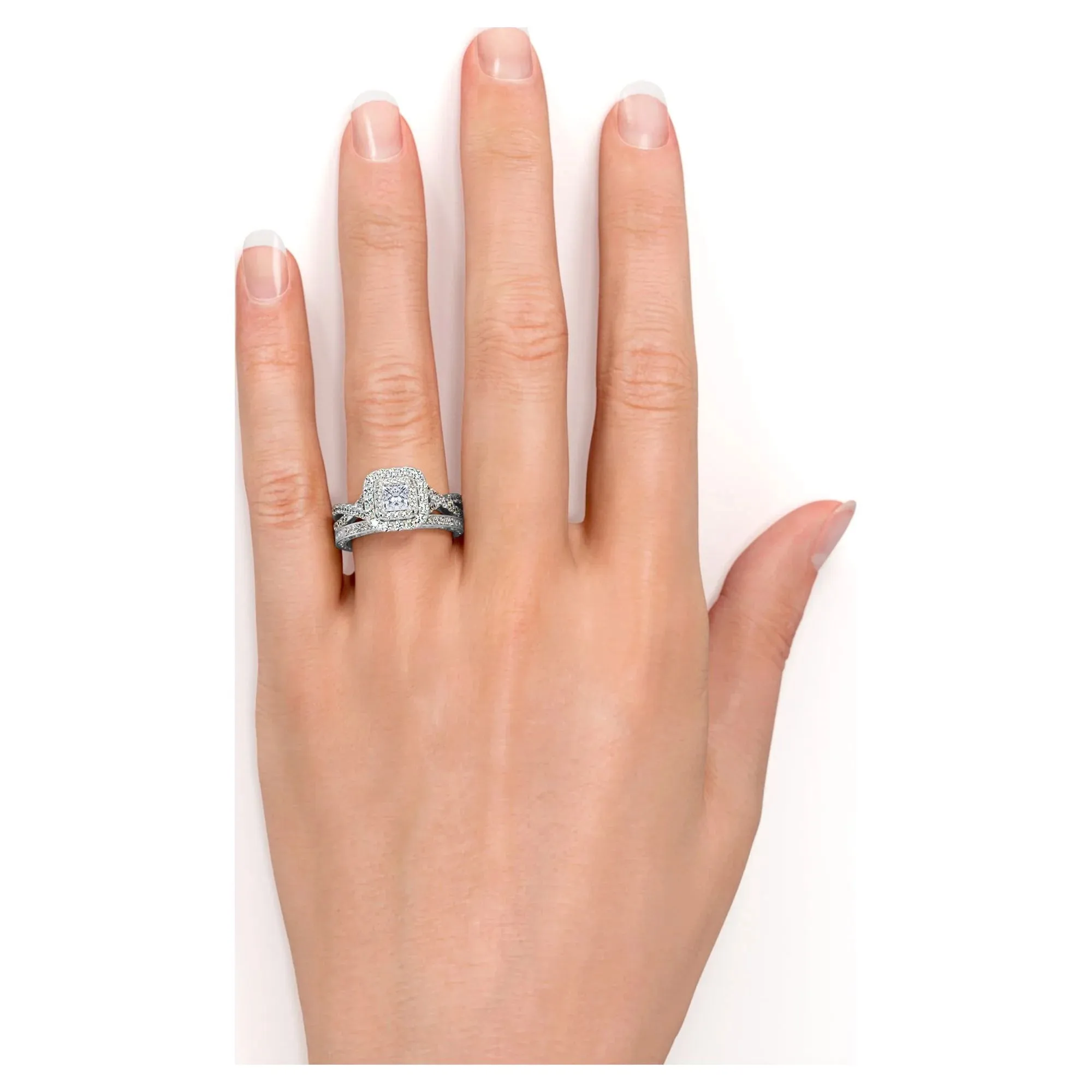 JeenMata 1.25 ct - Square Moissanite - Double Halo - Twisted Band - Vintage Inspired - Pave - Wedding Ring Set in 18K White Gold over Silver