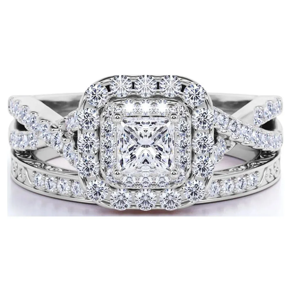 JeenMata 1.25 ct - Square Moissanite - Double Halo - Twisted Band - Vintage Inspired - Pave - Wedding Ring Set in 18K White Gold over Silver