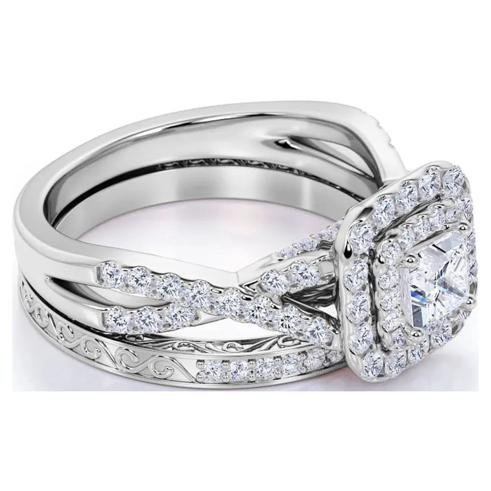 JeenMata 1.25 ct - Square Moissanite - Double Halo - Twisted Band - Vintage Inspired - Pave - Wedding Ring Set in 18K White Gold over Silver