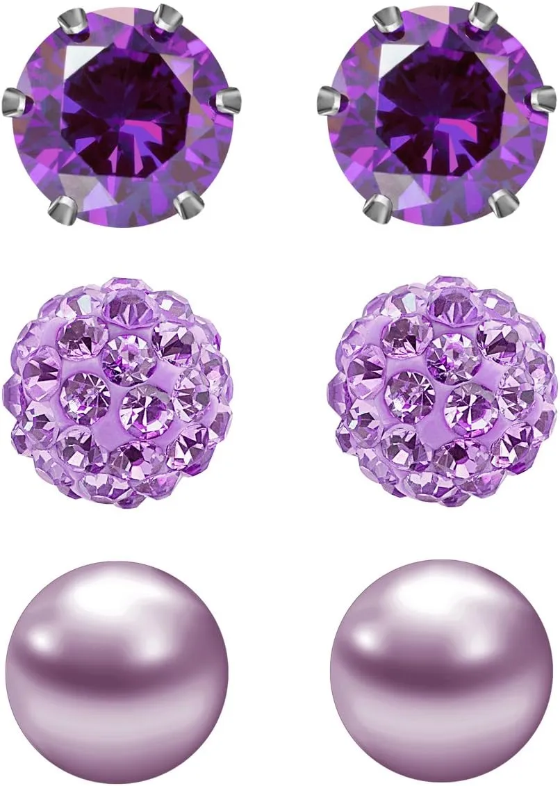 JEWELRIESHOP Birthstone Studs Earring Set Cubic Zirconia Rhinestones Crystal Ball Faux Pearl Stainless Steel Stud Earrings for Women Girl Jewelry Gift (6mm Round,3 Pairs)
