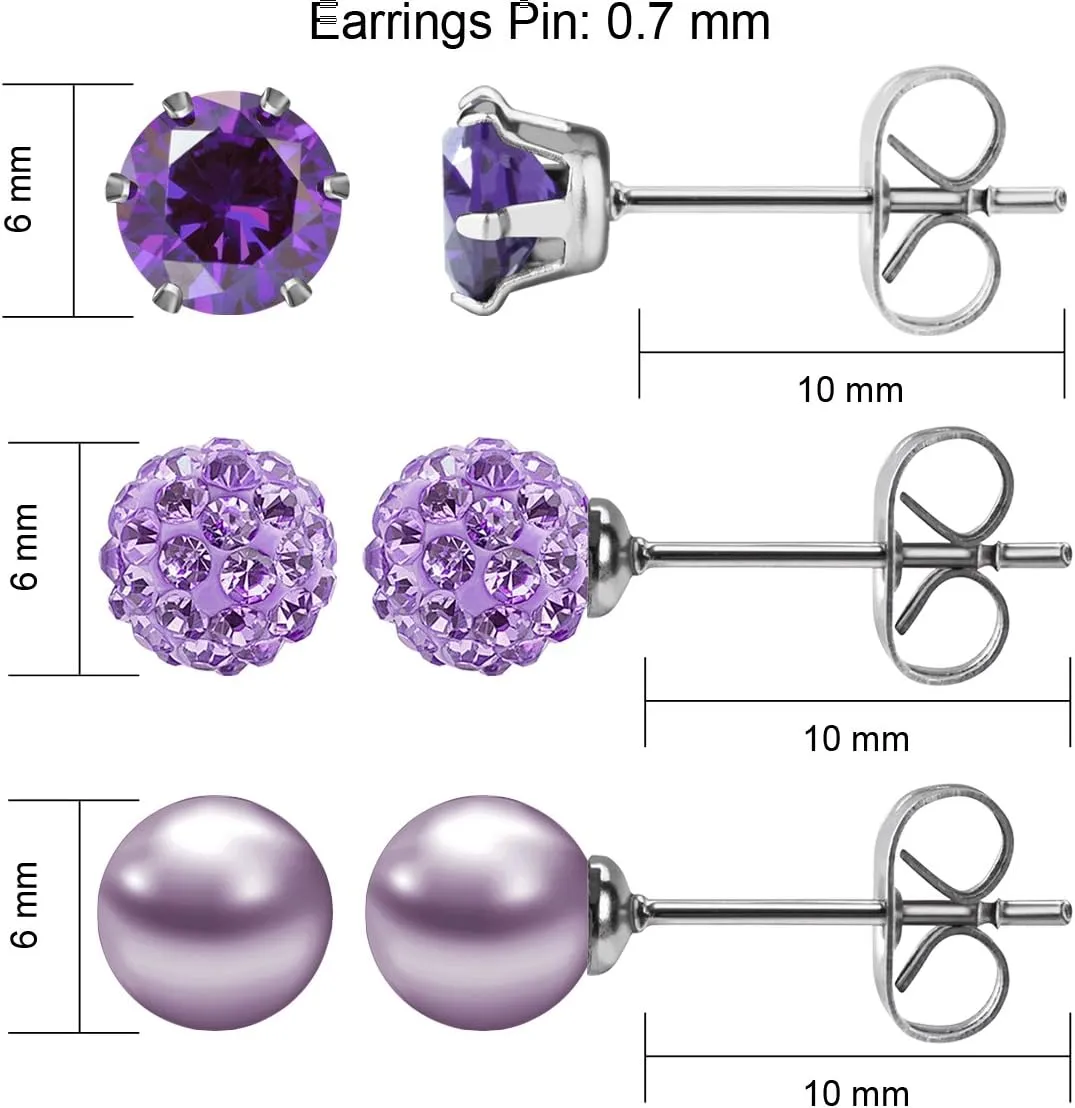 JEWELRIESHOP Birthstone Studs Earring Set Cubic Zirconia Rhinestones Crystal Ball Faux Pearl Stainless Steel Stud Earrings for Women Girl Jewelry Gift (6mm Round,3 Pairs)