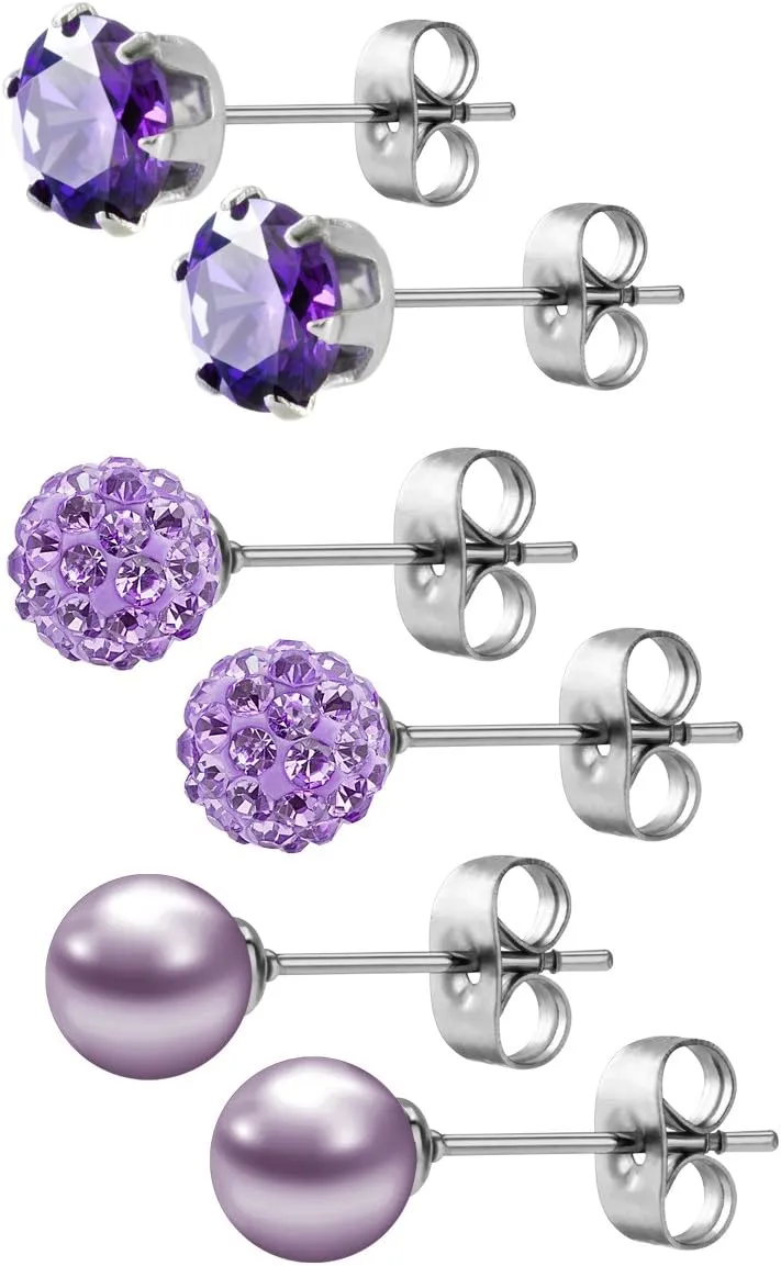 JEWELRIESHOP Birthstone Studs Earring Set Cubic Zirconia Rhinestones Crystal Ball Faux Pearl Stainless Steel Stud Earrings for Women Girl Jewelry Gift (6mm Round,3 Pairs)