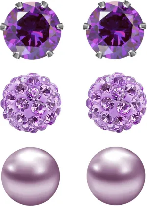 JEWELRIESHOP Birthstone Studs Earring Set Cubic Zirconia Rhinestones Crystal Ball Faux Pearl Stainless Steel Stud Earrings for Women Girl Jewelry Gift (6mm Round,3 Pairs)