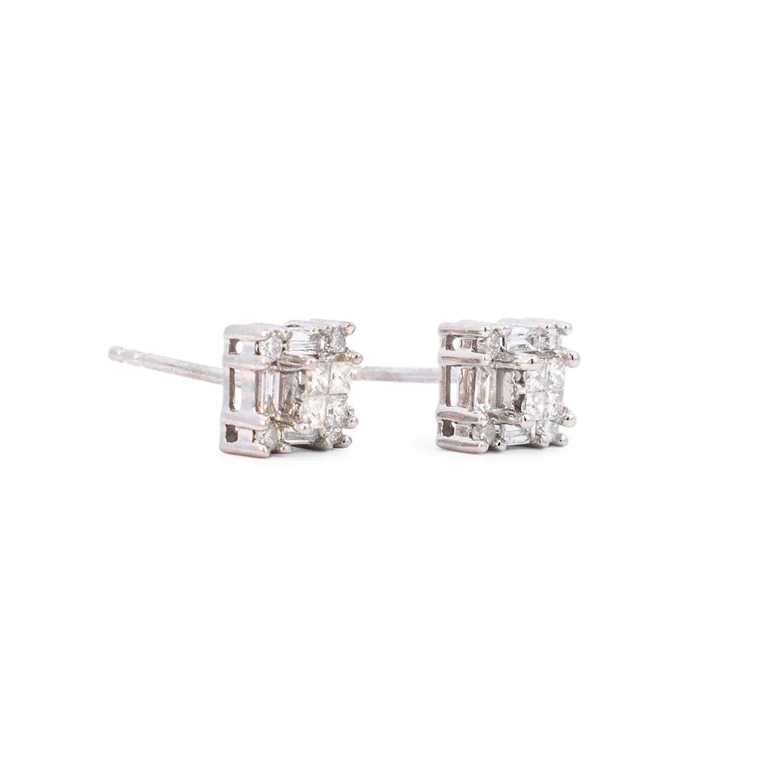 Ladies 10K White Gold Squared Diamond Stud Earrings