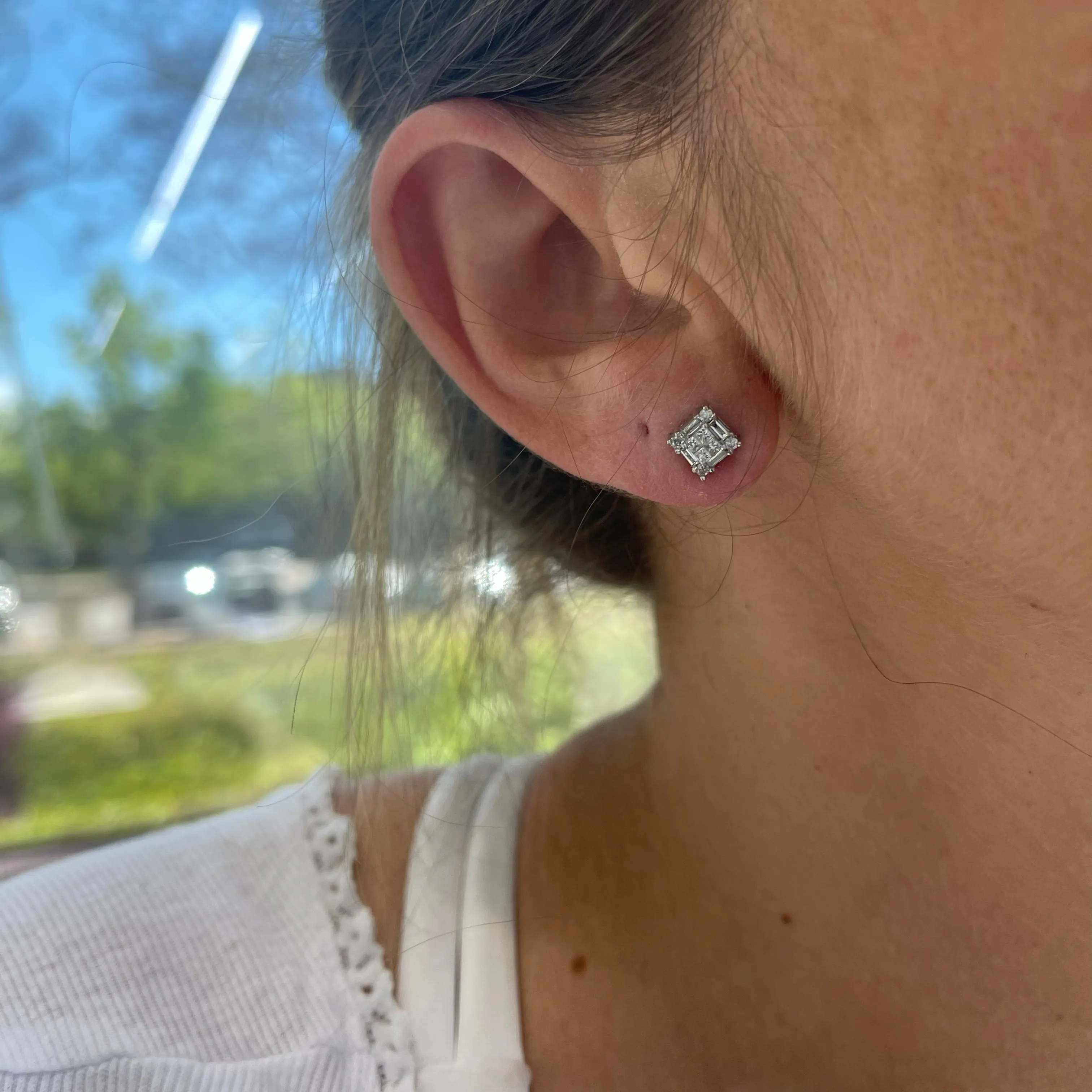 Ladies 10K White Gold Squared Diamond Stud Earrings