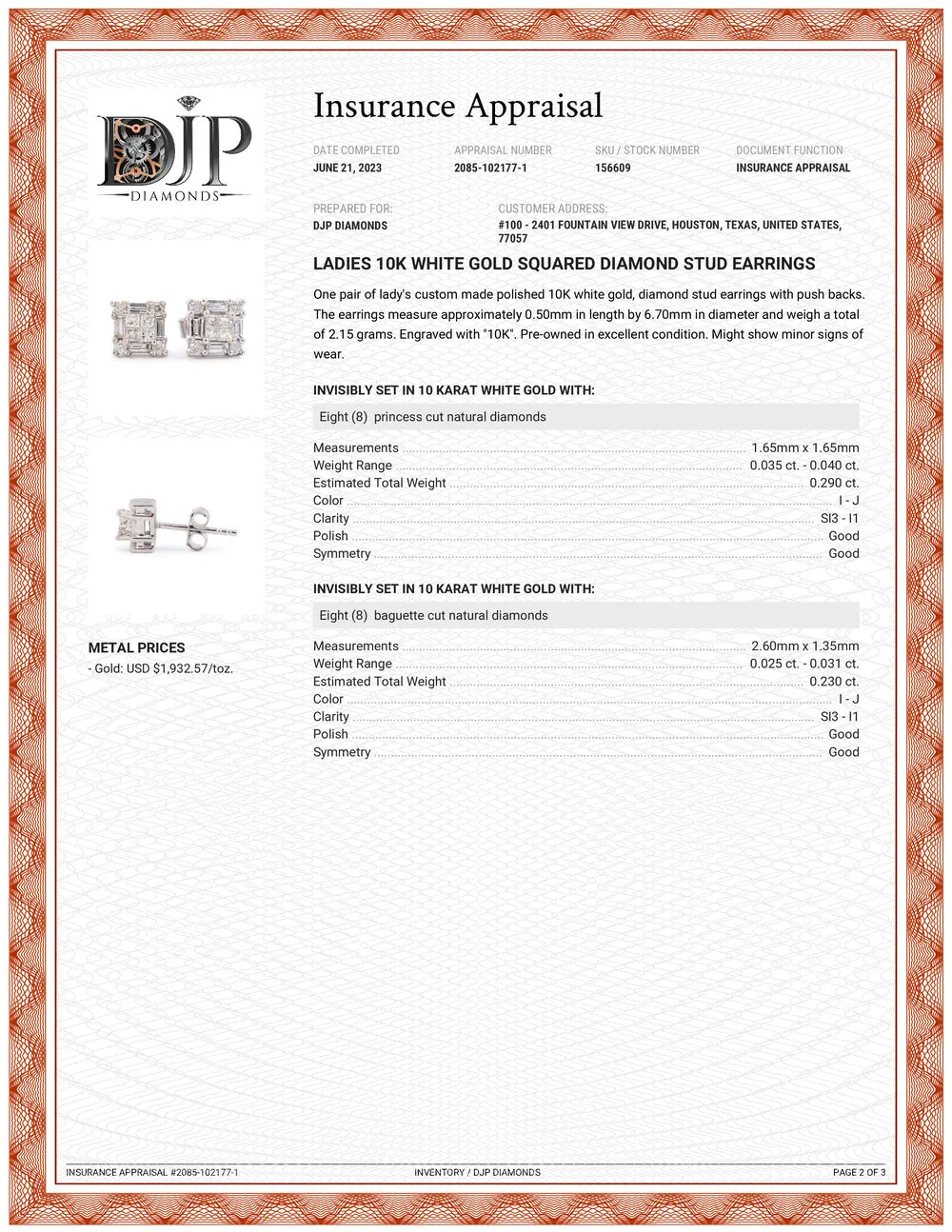Ladies 10K White Gold Squared Diamond Stud Earrings