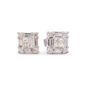 Ladies 10K White Gold Squared Diamond Stud Earrings