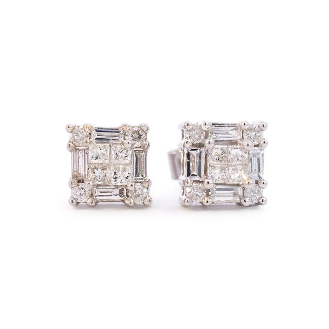 Ladies 10K White Gold Squared Diamond Stud Earrings