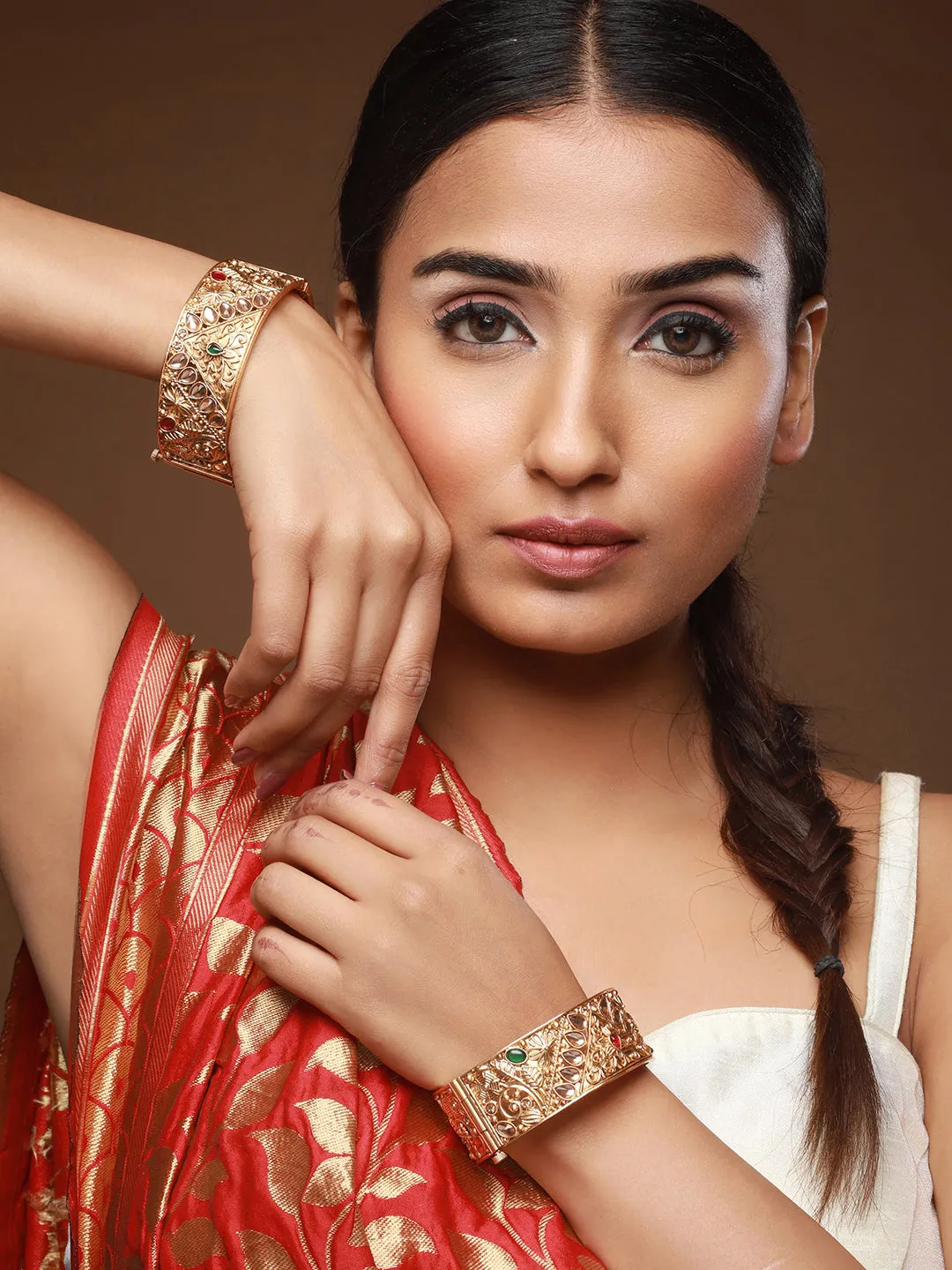 Set Of 2 24K Gold-Plated Stone-Studded Bangles