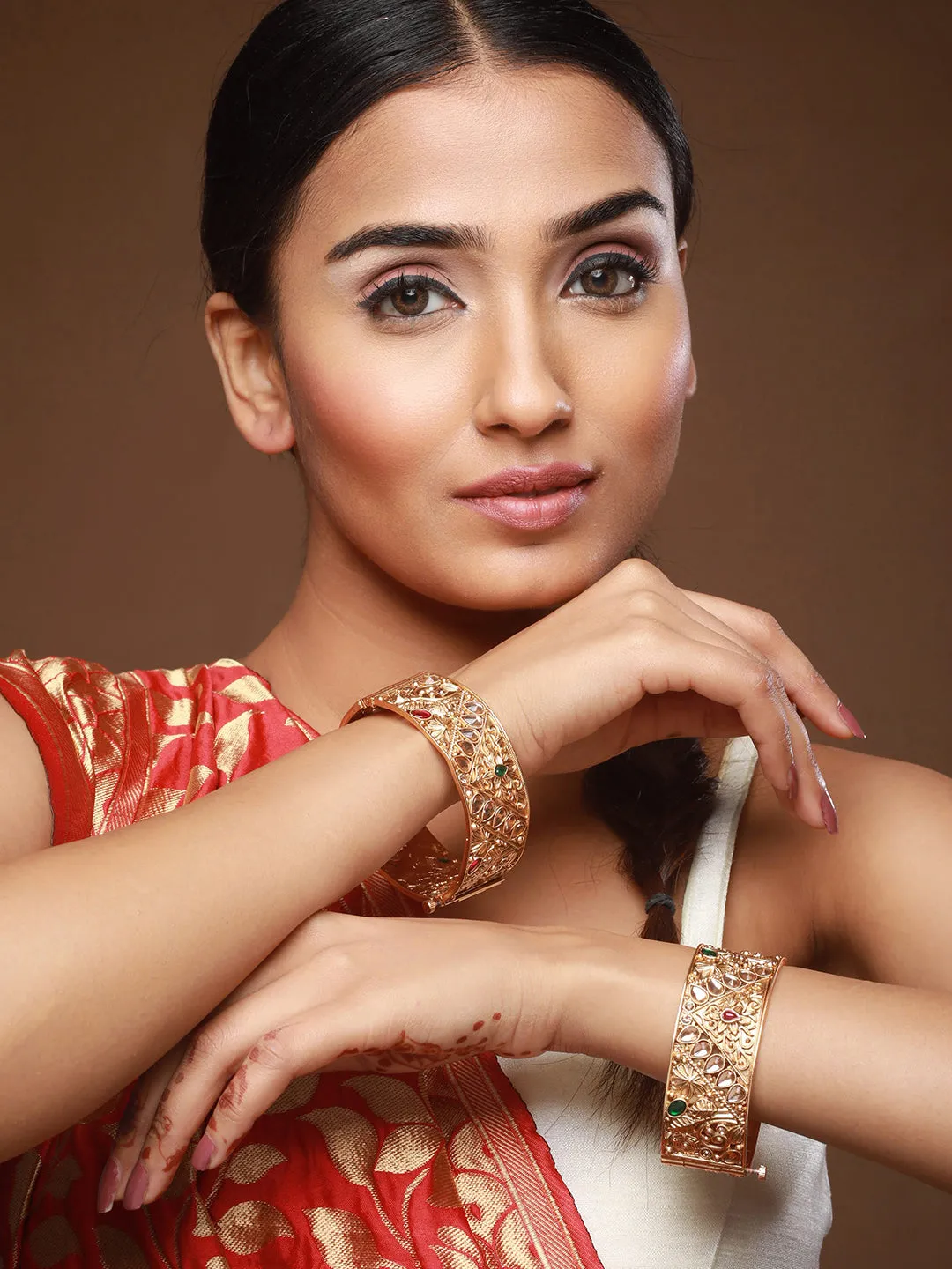 Set Of 2 24K Gold-Plated Stone-Studded Bangles