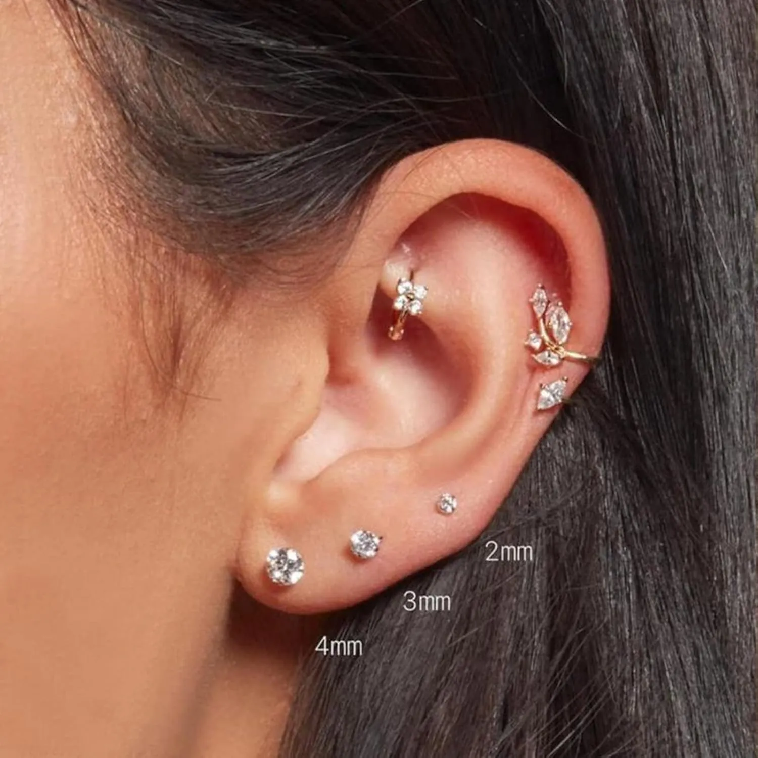 Threadless Flat Back Stud Earrings, 6 Pairs Titanium Hypoallergenic Earrings for Women Men, Cubic Zirconia Silver Gold Stud Earrings Surgical Stainless Steel Stud Earring Set for Cartilage 2-8mm