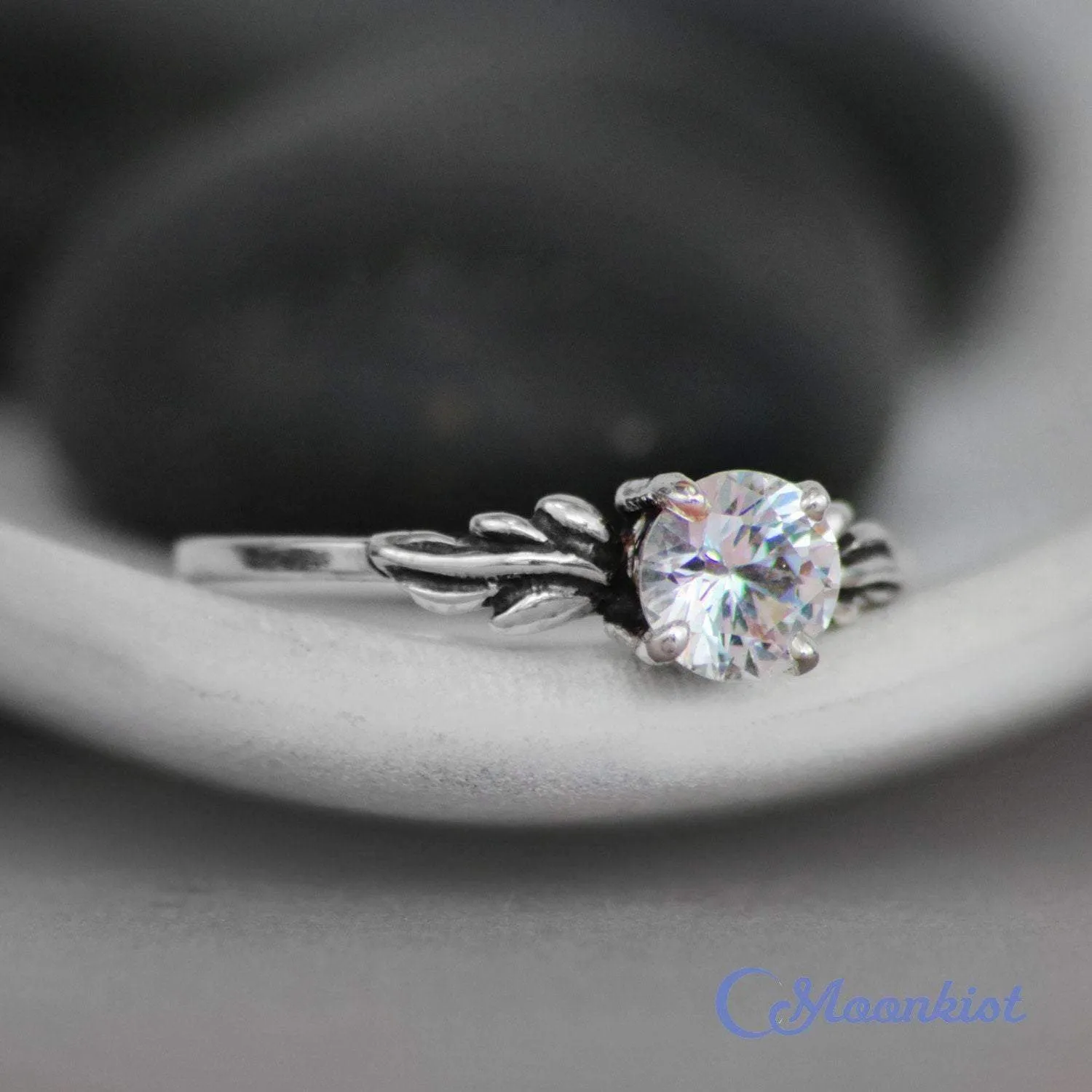 White Sapphire Leaf Engagement Ring | Moonkist Designs