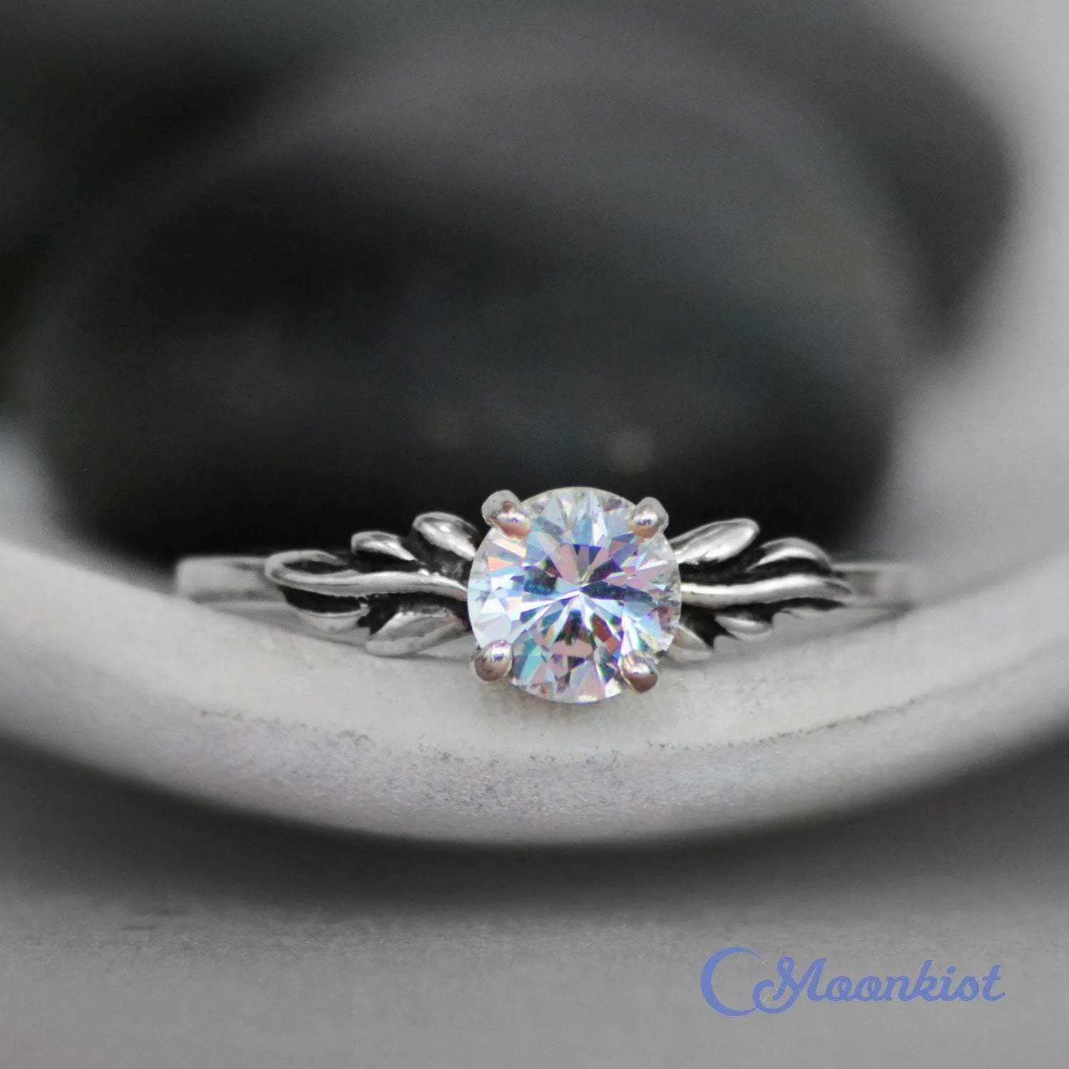 White Sapphire Leaf Engagement Ring | Moonkist Designs